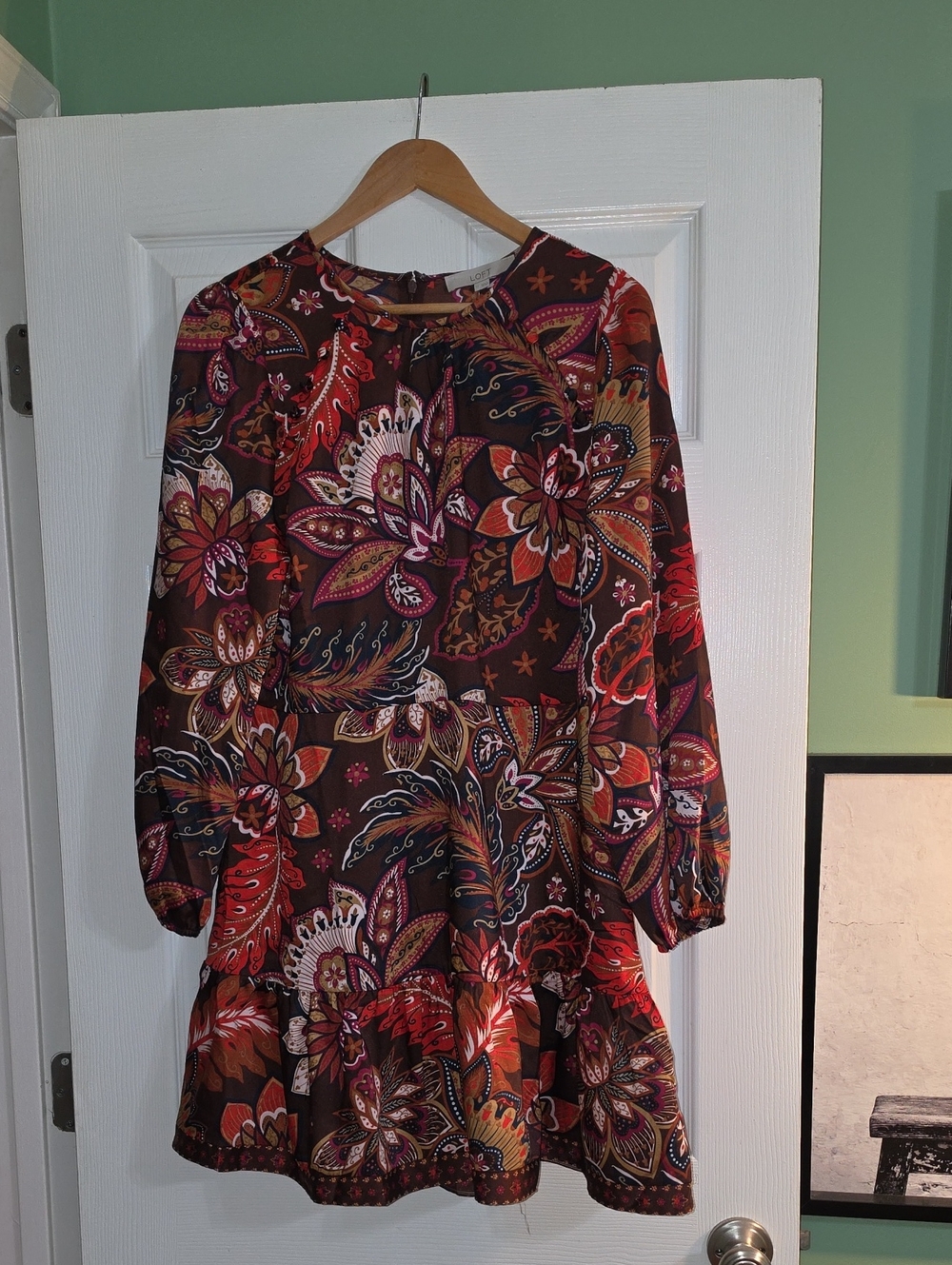 LOFT Long Sleeve Paisley Floral Mini Dress - Burgundy Multi